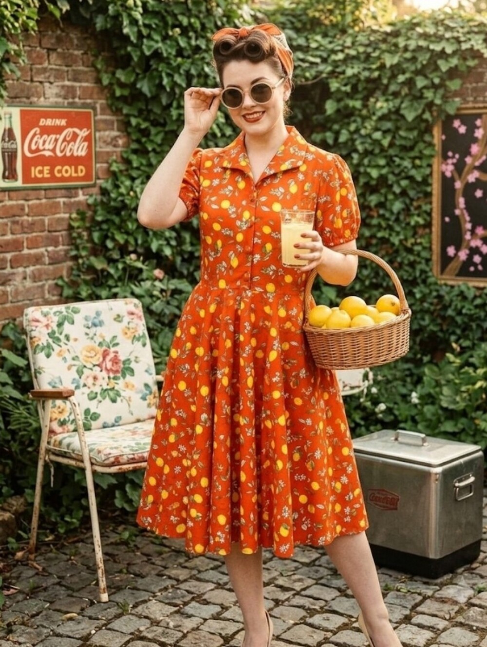 Unique Vintage Orange Lemon-Print Fit & Flare Midi Dress